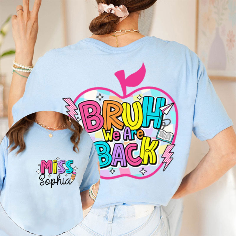 Personalized Teacher's Name Art Teacher Black And White Checkered Apple Design Teacher Two Sided T-Shirt 2MAT88