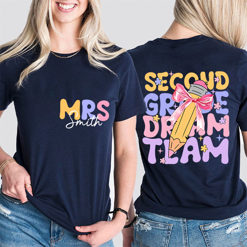 Personalized Teacher's Name And Grade Bow Pencil Print Teacher Two Sided T-Shirt 2MAT88