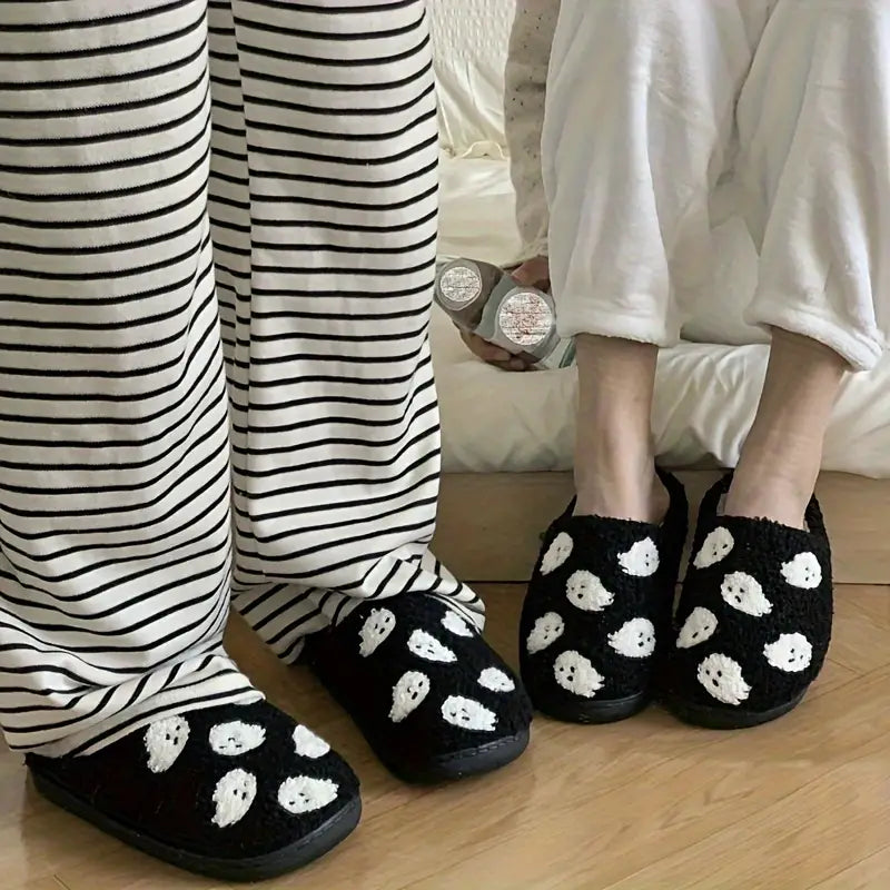 Halloween Ghost Pattern Slippers, Casual Slip On Plush Lined Shoes, Comfortable Indoor Home Slippers SL0808 02