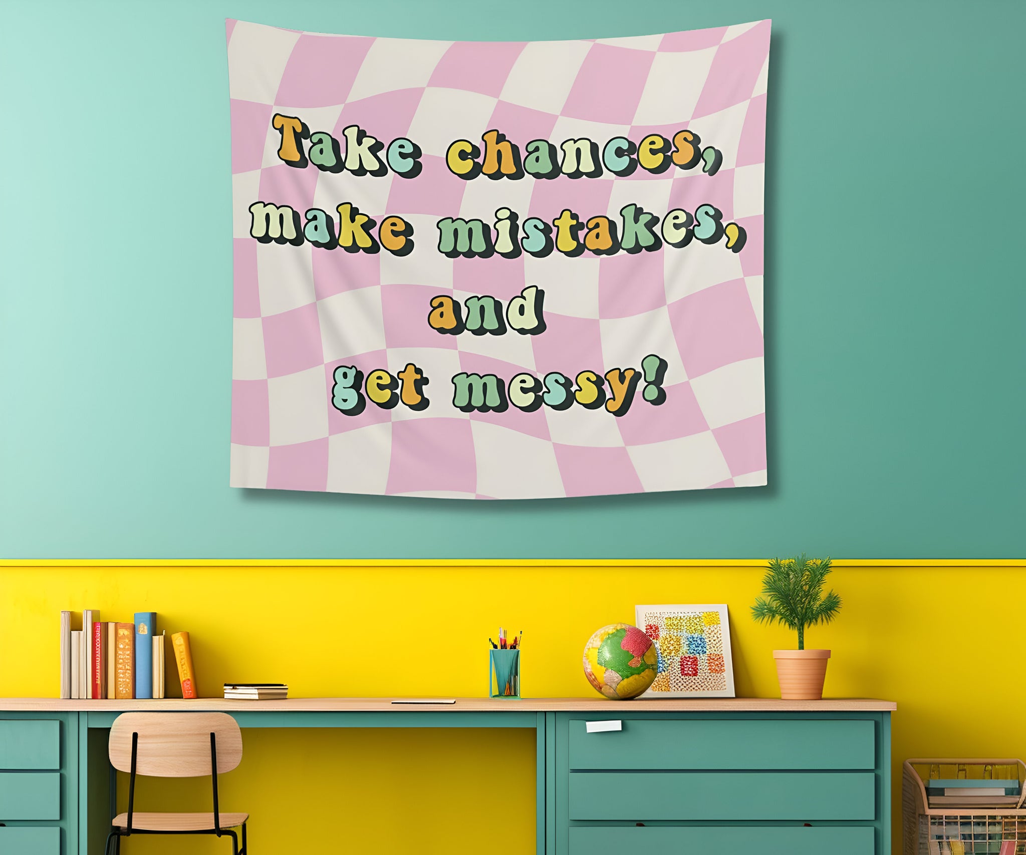 Classroom Tapestry, Take Chances Make Mistakes and Get Messy Decor, Retro classroom decor, Teacher wall art, Classroom welcome sign Tapes