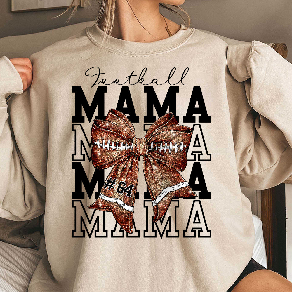 Personalized Football MaMa Game Day Football Crewneck Sweatshirt, Coquette Bow, Sparkle Football Mom Shirt, Football Season, Womens Pullover FB2708