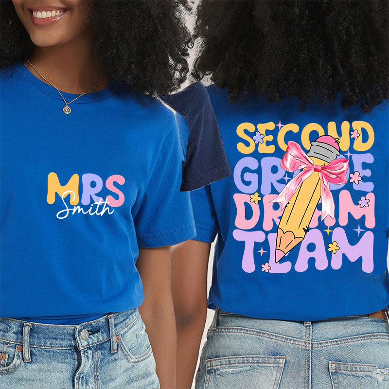 Personalized Teacher's Name And Grade Bow Pencil Print Teacher Two Sided T-Shirt 2MAT88