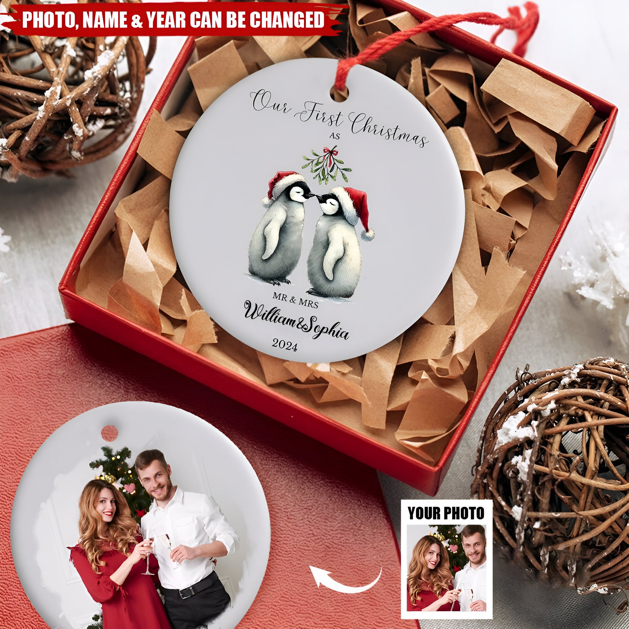 First Christmas as Mr & Mrs - Personalized Ceramic Ornament, Custom Penguin 1st Xmas Mr & Mrs Ornament With ORN2509