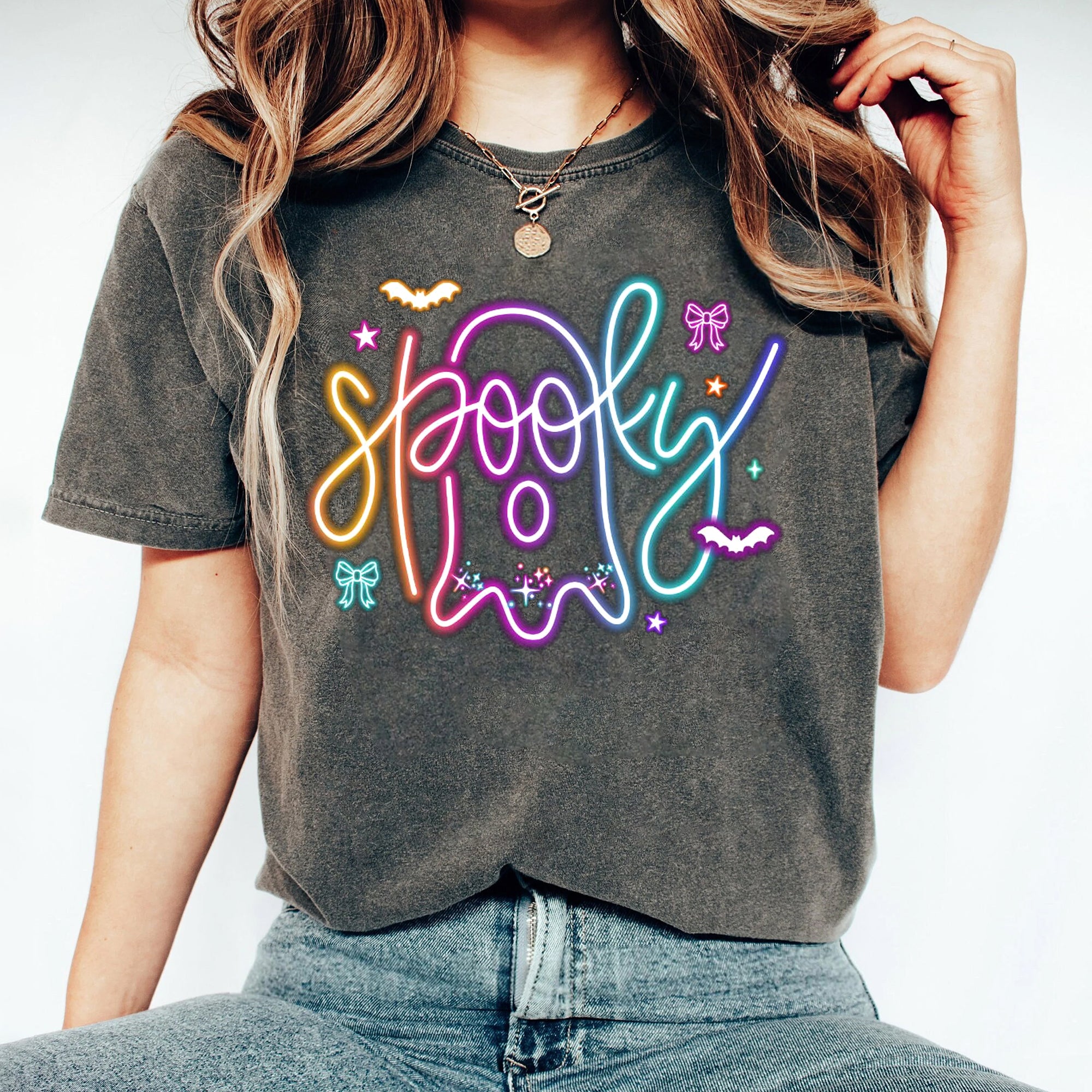 Cute Colorful Neon Spooky Ghost Shirt, Halloween Boo Bow Shirt, Neon Halloween Shirt, Boo Ghost Shirt Shirt, Cute Boo Halloween AAA