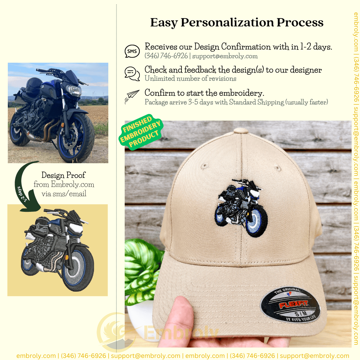 Embroidery Custom Car Design Cap, Customized With Name Or Roman Numeral Under Photo EM1