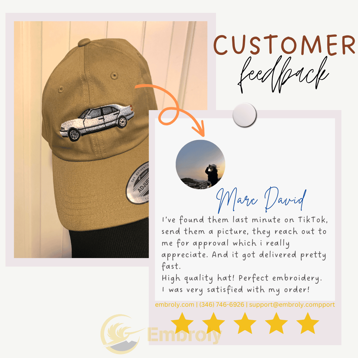 Embroidery Custom Car Design Cap, Customized With Name Or Roman Numeral Under Photo EM1