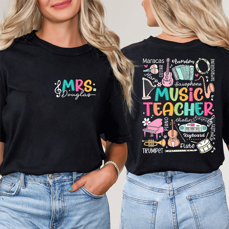 Personalized Music Teacher's Name Cute Musical Instrument Icons Teacher Two Sided T-Shirt 2MAT88