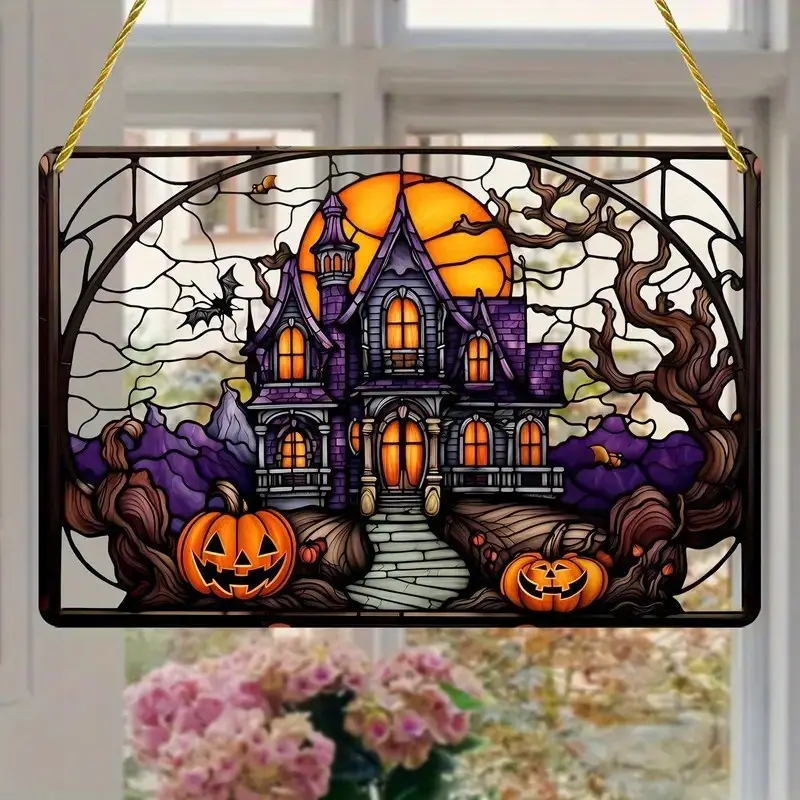 1pc, Halloween Horror Castle Pumpkin Suncatcher - Art Decor Style Acrylic Decorative Sign with Wall Hanging Mount, Building Theme for Multipurpose Use - Ideal for Window, Porch, Wall, Home & Garden Decora ORHA2408