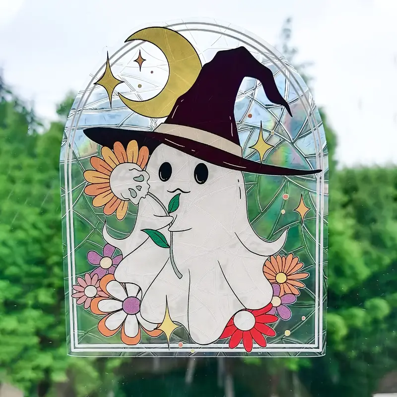 Halloween Ghost Suncatcher Window Sticker - Classic Style Static Cling Spooky Specter with Witch Hat Decal, Removable PVC Seasonal Decoration, No Battery Required, Single Pack ORHA2408