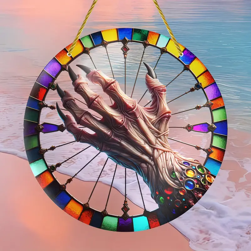 Halloween Monster Hand Suncatcher Decoration - 8 Artistic Glass Wall Decor, Indoors and Outdoors, Unique Creepy Horror Theme for Home, Office, Patio, Birthday, Housewarming Gift - Includes Hanging Chain ORHA2408