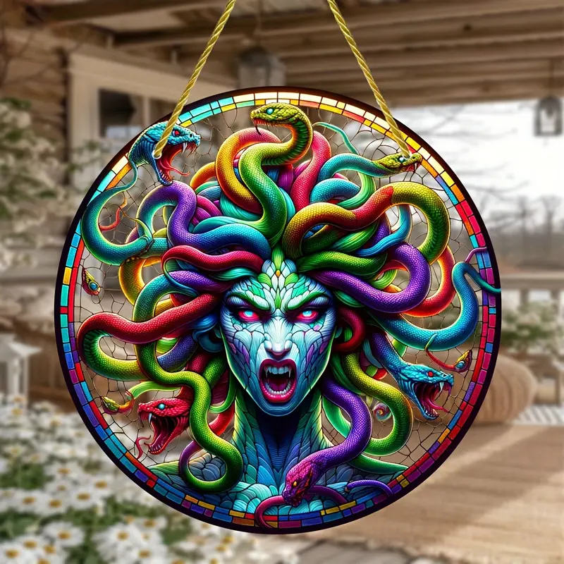 Medusa Themed Acrylic Suncatcher - 8 Round Horror-Inspired Light Catcher for Home, Garden, Window Hanging Decorations - Birthday Occasion Durable Suncatcher with Nylon Rope and Rubber Sleeve Protection ORHA2408