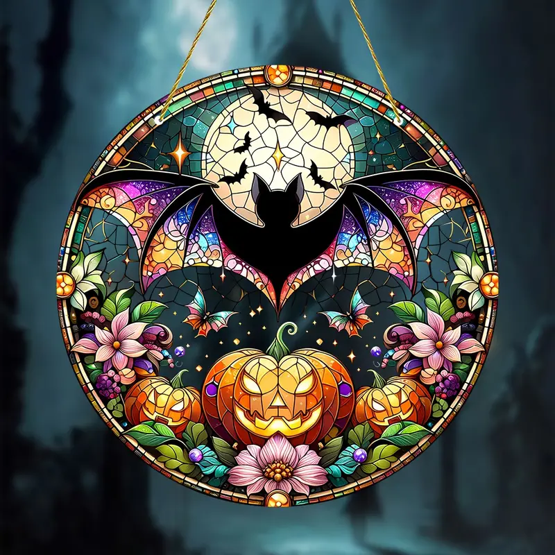 [Halloween] Vibrant Halloween Pumpkin Bat Sun Catcher - Translucent Stain Window Hanging, Acrylic Plaque Wall Art, Aesthetic Room Decoration for Bedroom Living Room, Outdoor Yard Garden Farmhouse Decor ORHA2608