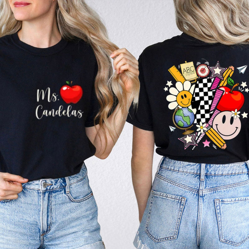 Personalized Checkerboard Lighting Name Teacher Two Sided T-Shirt 2MAT88