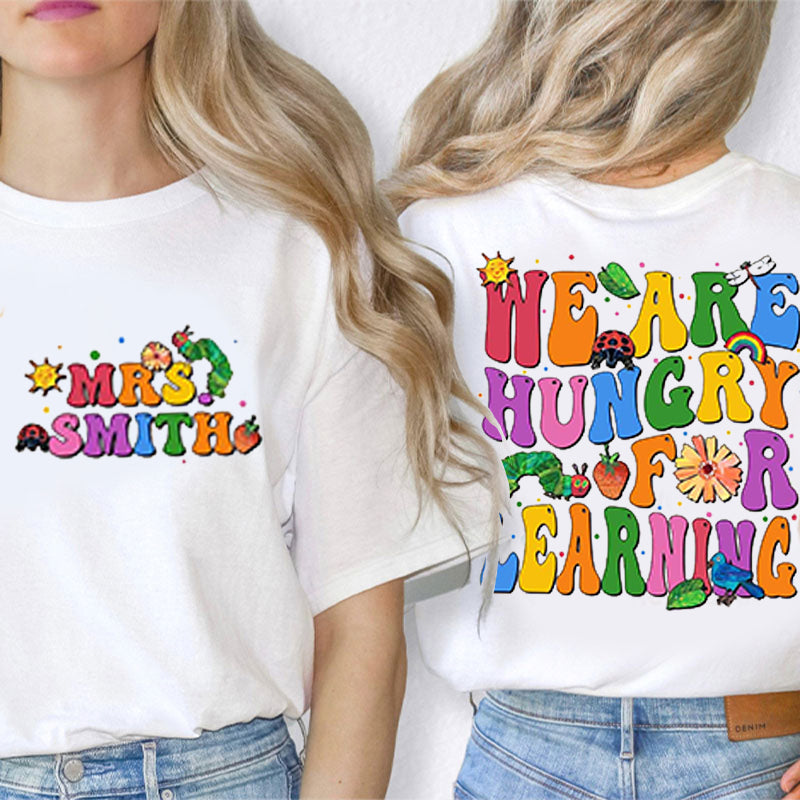 Personalized Teacher's Name Caterpillar Cartoon Icon Teacher Two Sided T-Shirt 2MAT88