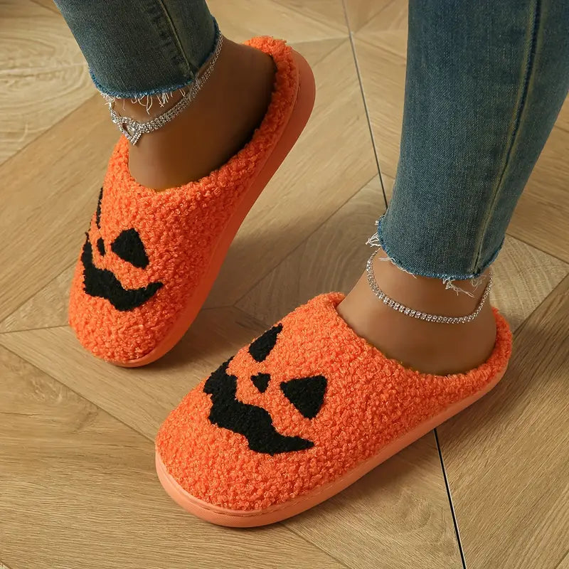 Halloween Pumpkin Design Slippers, Winter Cozy & Warm Slip On Fuzzy Shoes, Comfortable Indoor Floor Slippers SL0808 05
