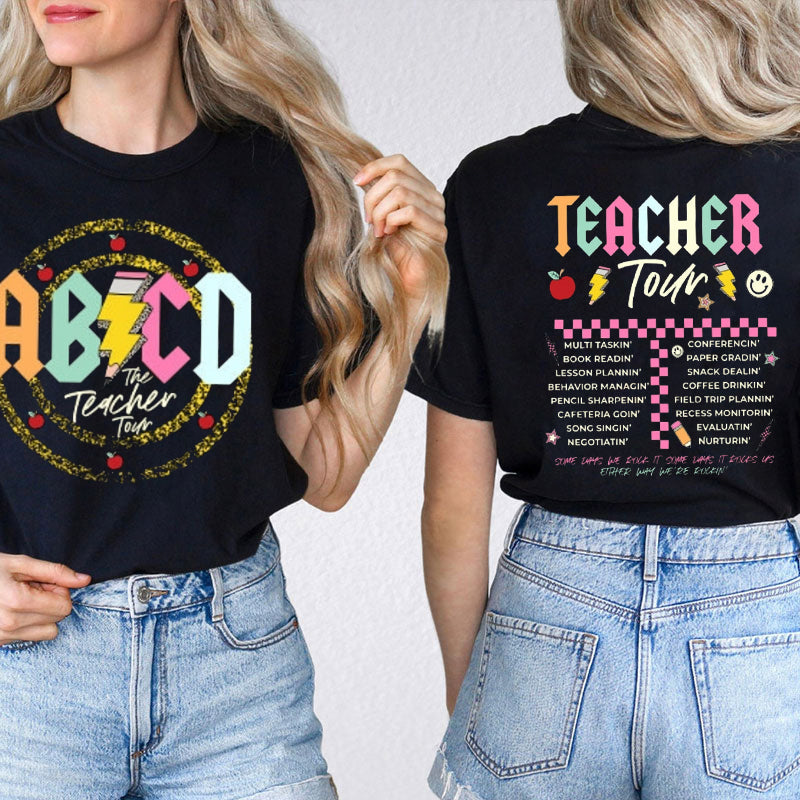 Personalized Checkerboard Lighting Name Teacher Two Sided T-Shirt 2MAT68