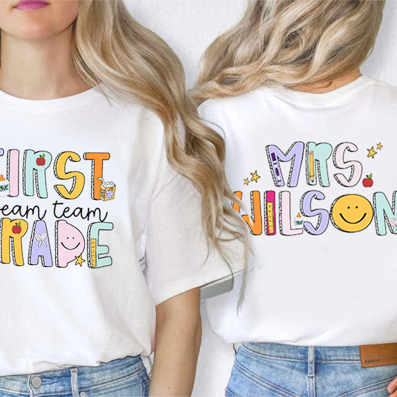 Personalized Teacher's Name And Grade Smiley Apple Icon Teacher Two Sided T-Shirt 2MAT88