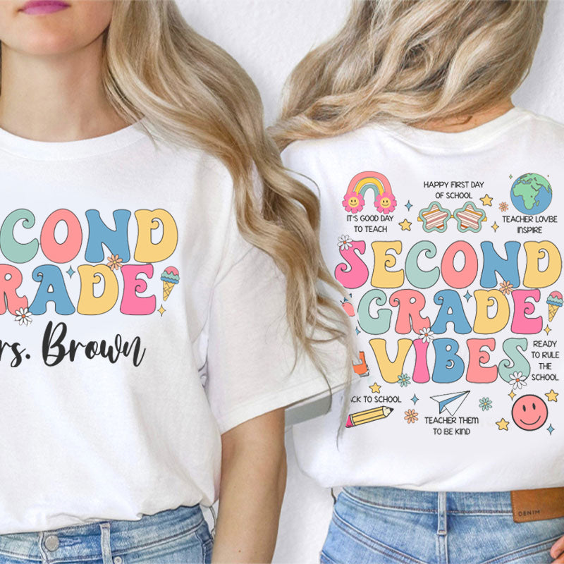 Personalized Teacher's Name And Grade Cute Icon Teacher Two Sided T-Shirt 2MAT88