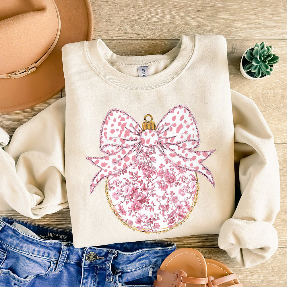 Pink Grand millennial Coquette gold glitter Christmas ornament chinoiserie png girls christmas design dtf bow acrylic brushstroke ornament S101