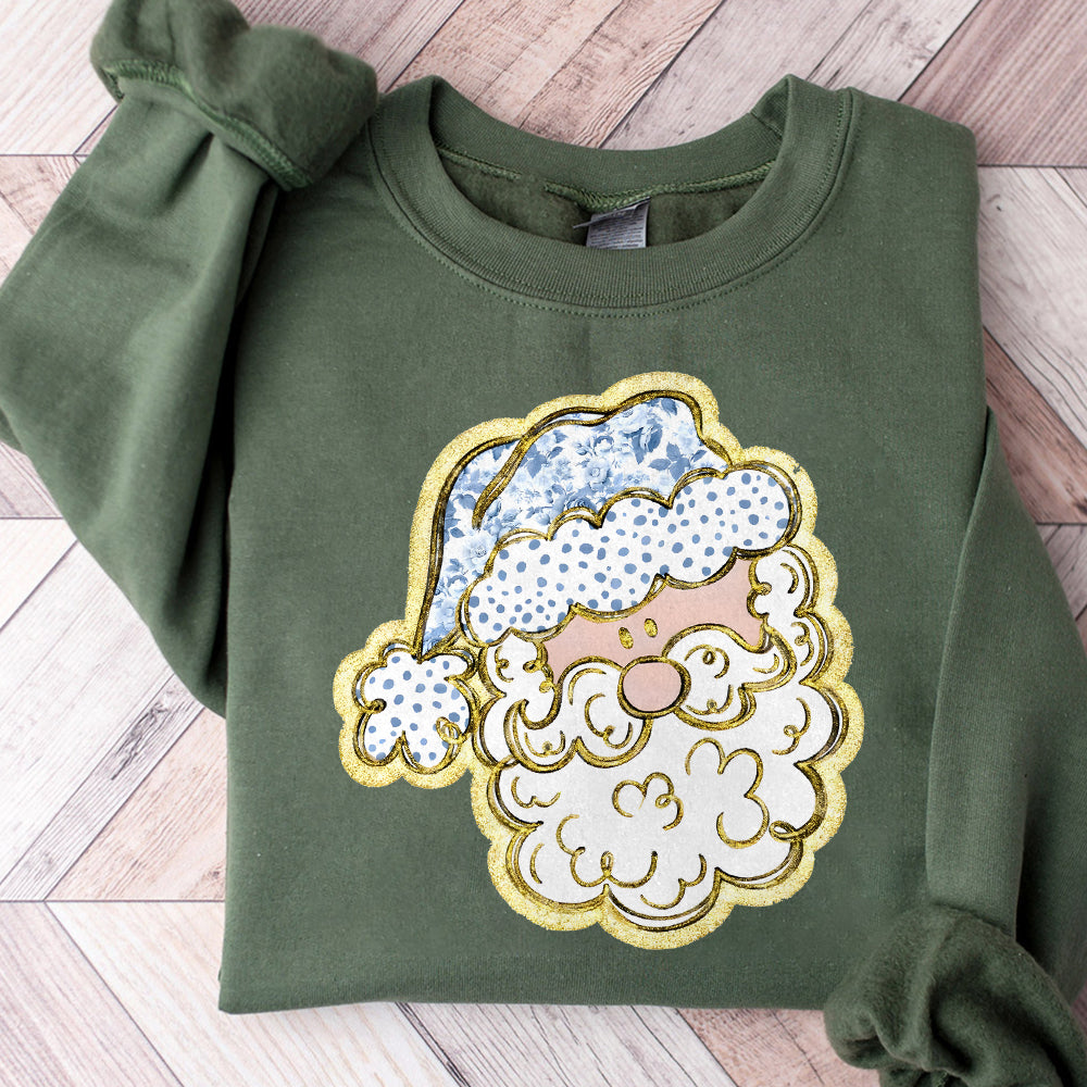 Santa PNG, Blue Floral Hat, Dalmatian Dots, Gold Foil, Glitter, Christmas, Holiday, Digital File, Sublimation Download, DTF PNG1210 02 NPN