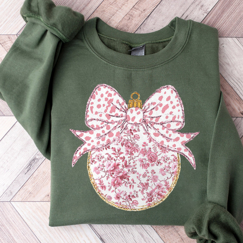 Pink Grand millennial Coquette gold glitter Christmas ornament chinoiserie png girls christmas design dtf bow acrylic brushstroke ornament S101