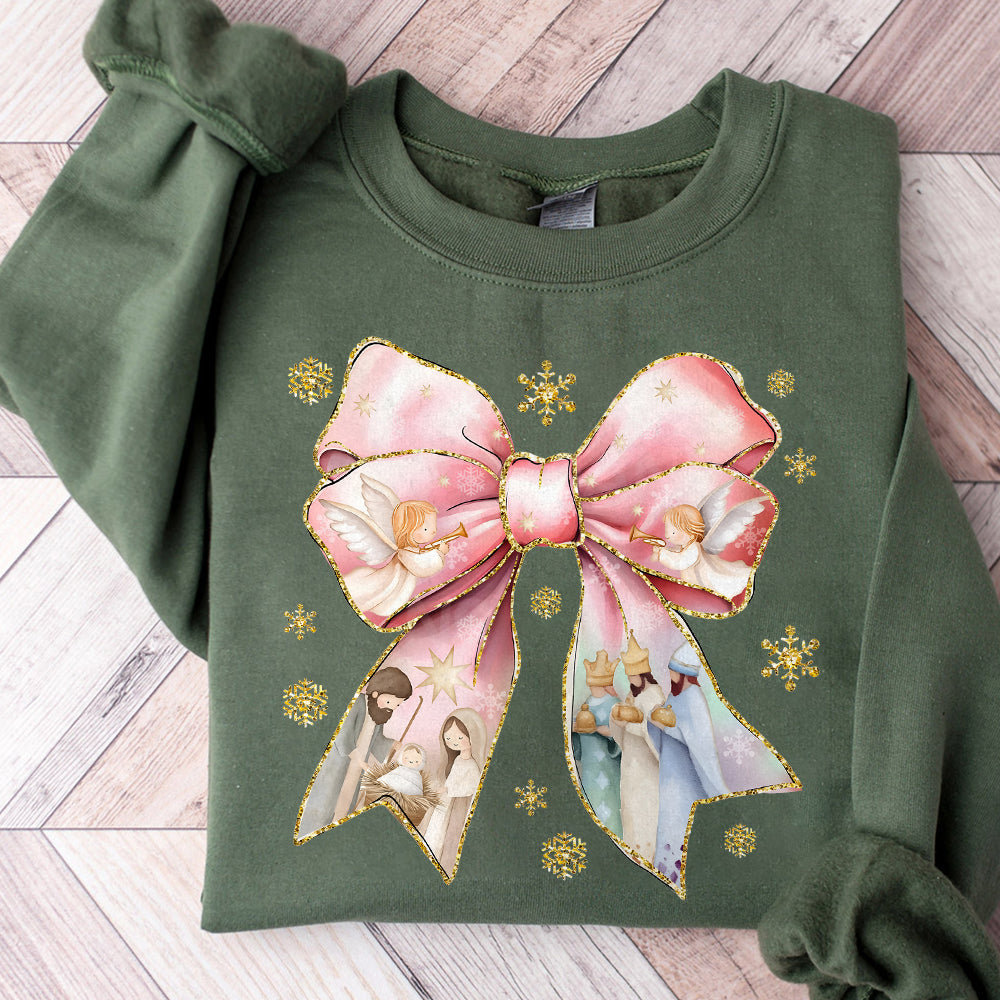 Pink Jesus christmas coquette bow png, pink christmas png, oh come let us adore him png, christmas png, christmas nativity png, Joy png S176