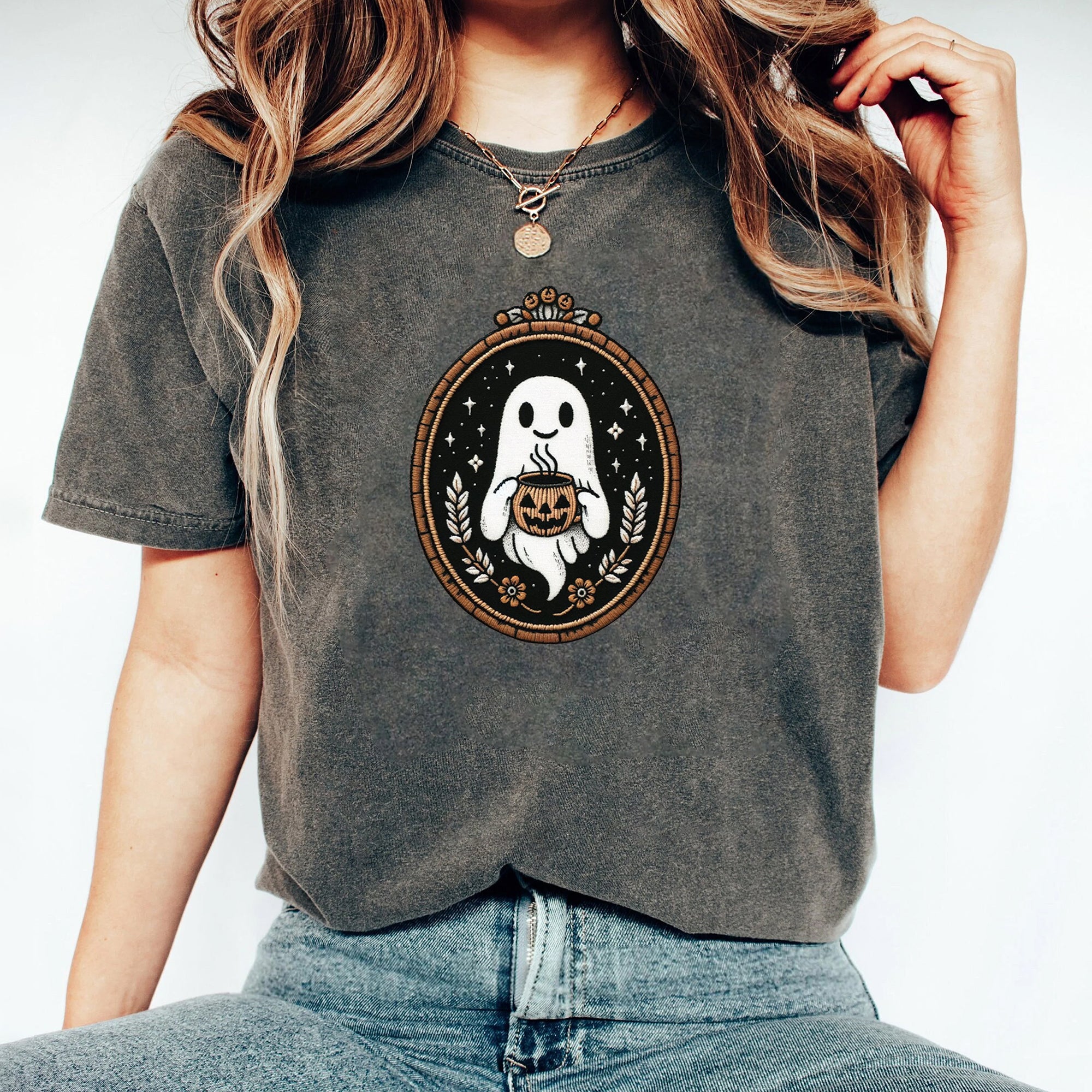Cute Embroidery Ghost Sweatshirt, Pumpkin Spice Coffee Lover Ghost, Vintage Embroidered Style Halloween Sweater, Spooky Season Gift for Her FB2708