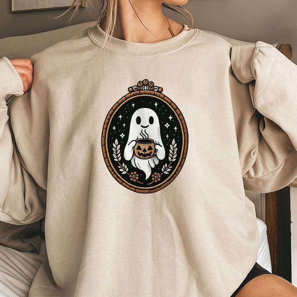 Cute Embroidery Ghost Sweatshirt, Pumpkin Spice Coffee Lover Ghost, Vintage Embroidered Style Halloween Sweater, Spooky Season Gift for Her FB2708