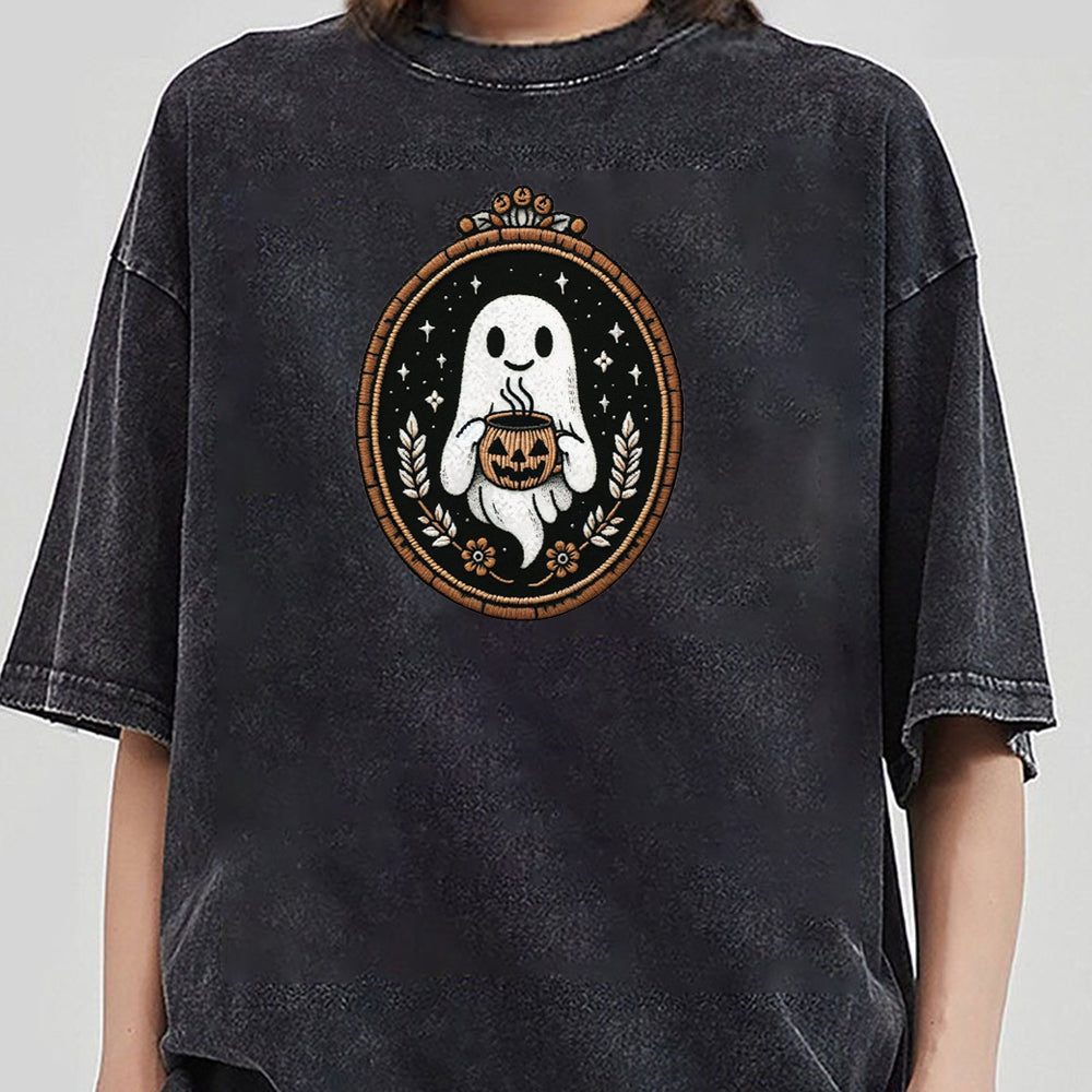 Cute Embroidery Ghost Sweatshirt, Pumpkin Spice Coffee Lover Ghost, Vintage Embroidered Style Halloween Sweater, Spooky Season Gift for Her FB2708