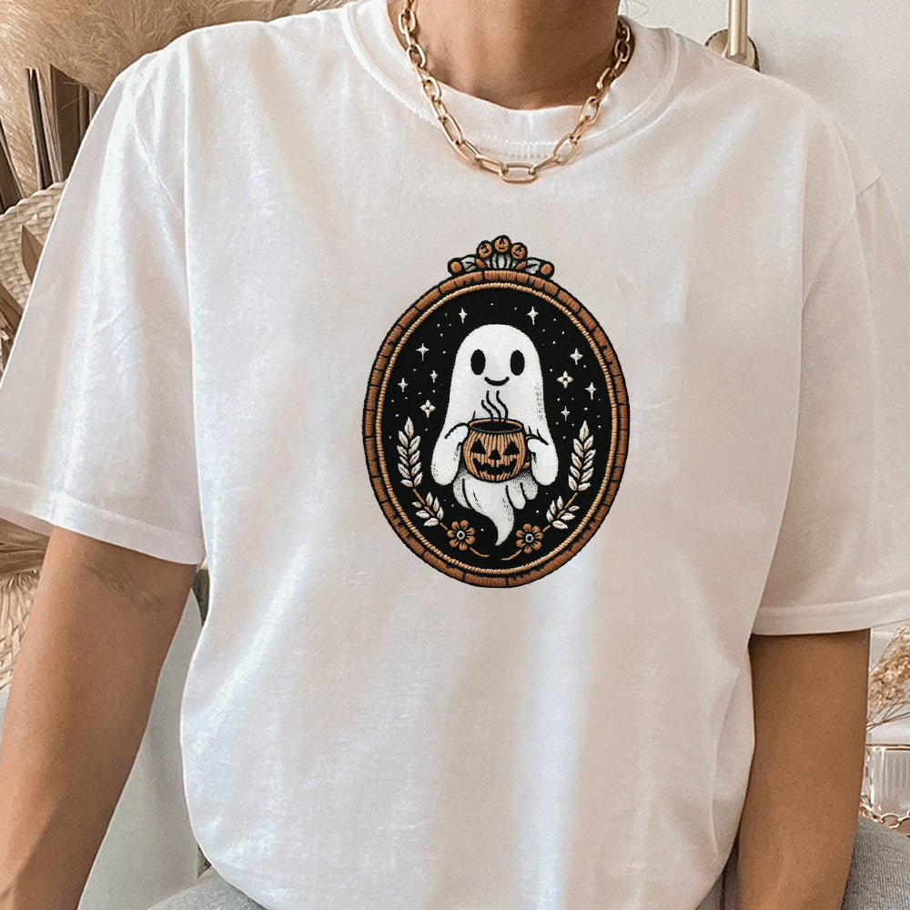 Cute Embroidery Ghost Sweatshirt, Pumpkin Spice Coffee Lover Ghost, Vintage Embroidered Style Halloween Sweater, Spooky Season Gift for Her FB2708