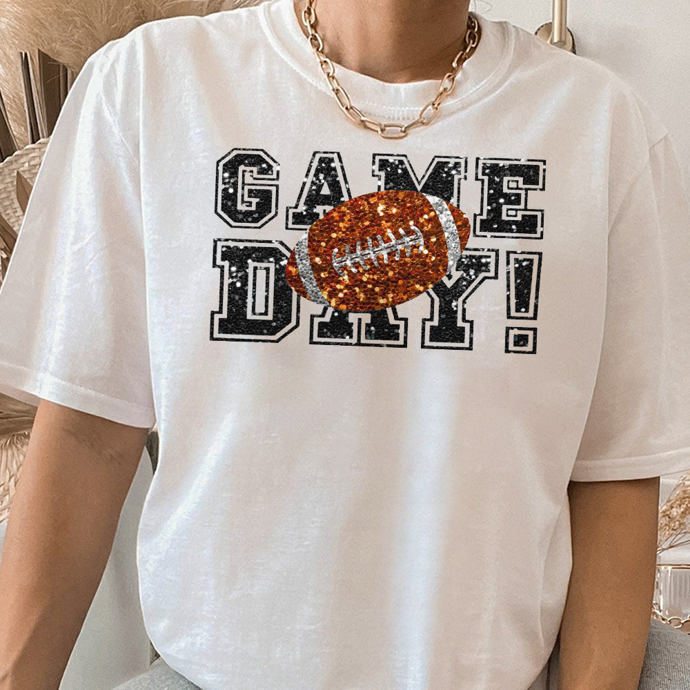 Game Day Football Faux Sequins Glitte, Cute Football Mom Shirt, Custom Mascot Bow Shirt,  Game Day Shirt DDD
