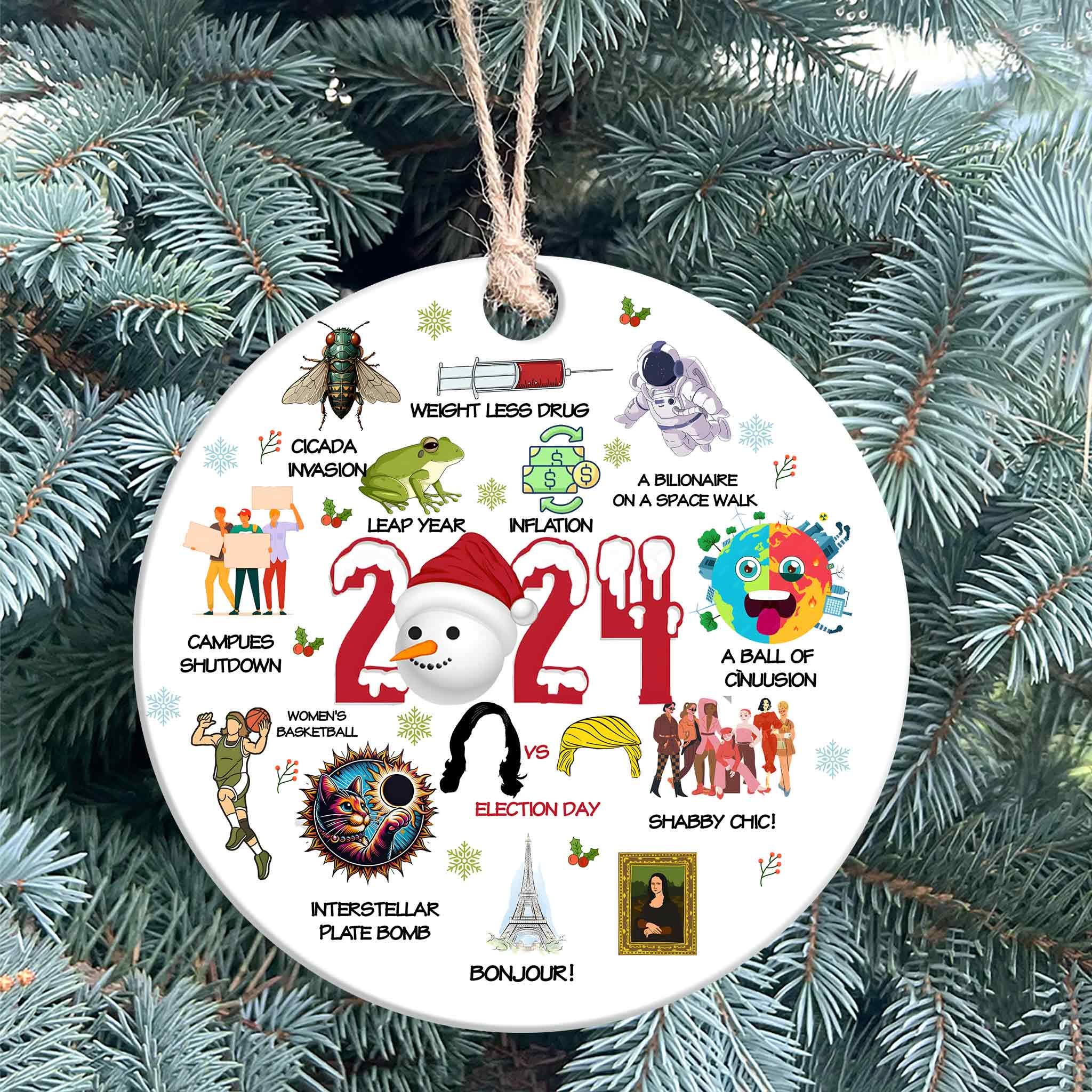 2024 notable events christmas ornament, cute 2024 news events ornament, newsmaker ornament gift, stocking stuffer, year in review ornament HAOR15