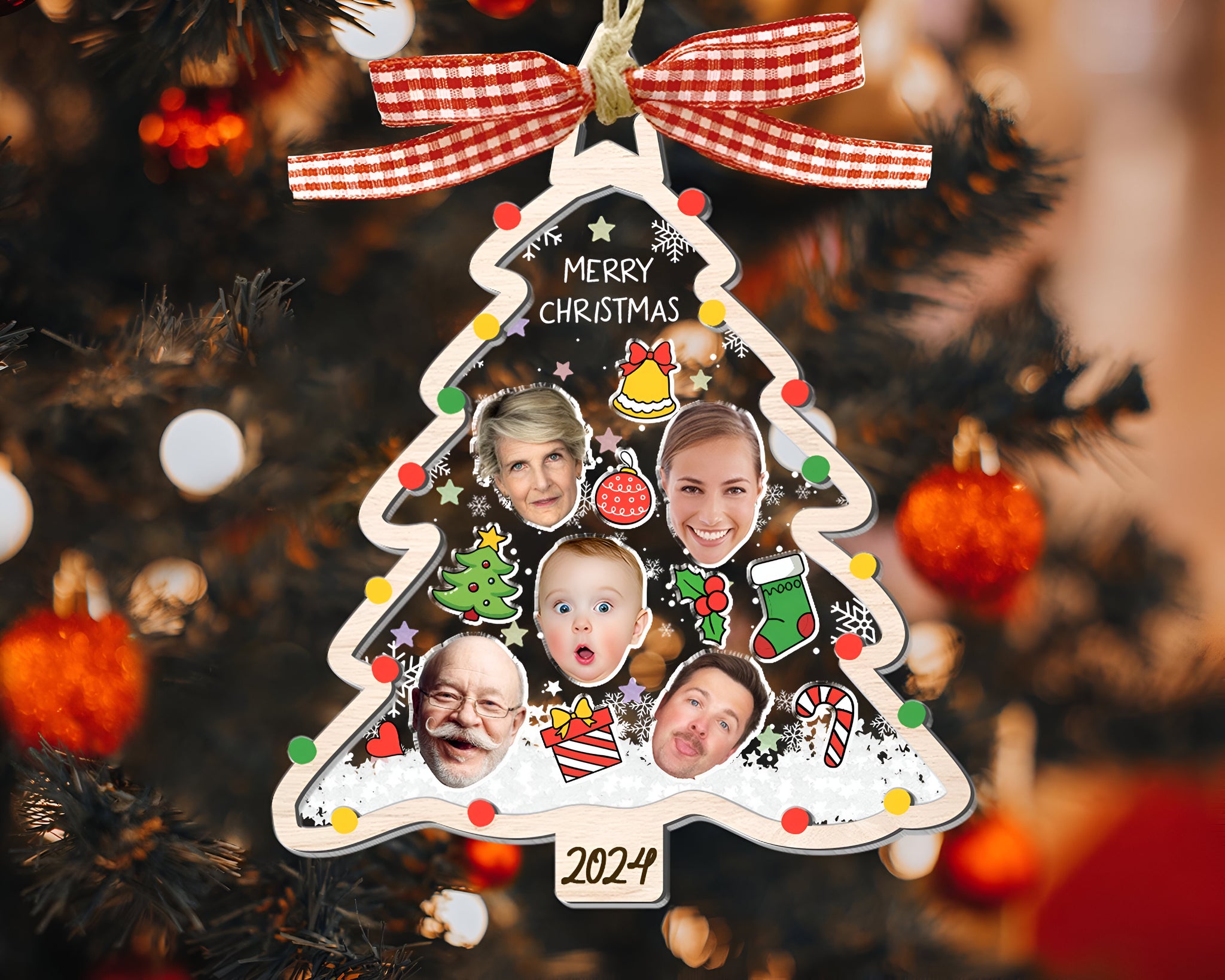 2024 Christmas Tree Ornament, Personalized Face Family Christmas Ornament, Custom Photo Ornament, Christmas Decor, Family 4D Shake Ornament ORHA24