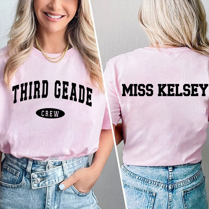 Personalized Teacher's Name Pink Hat Teacher Two Sided T-Shirt 2MAT68