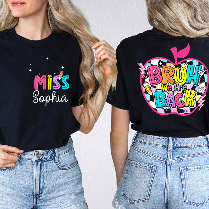 Personalized Teacher's Name Art Teacher Black And White Checkered Apple Design Teacher Two Sided T-Shirt 2MAT88