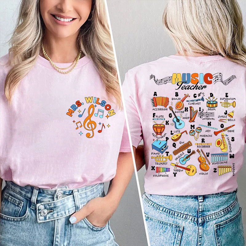 Personalized Music Teacher's Name Musical Instrument Icons Teacher Two Sided T-Shirt 2MAT88