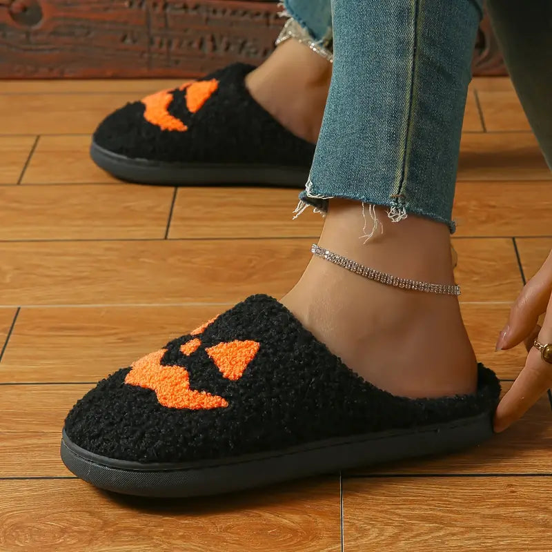 Halloween Pumpkin Design Slippers, Winter Cozy & Warm Slip On Fuzzy Shoes, Comfortable Indoor Floor Slippers SL0808 06