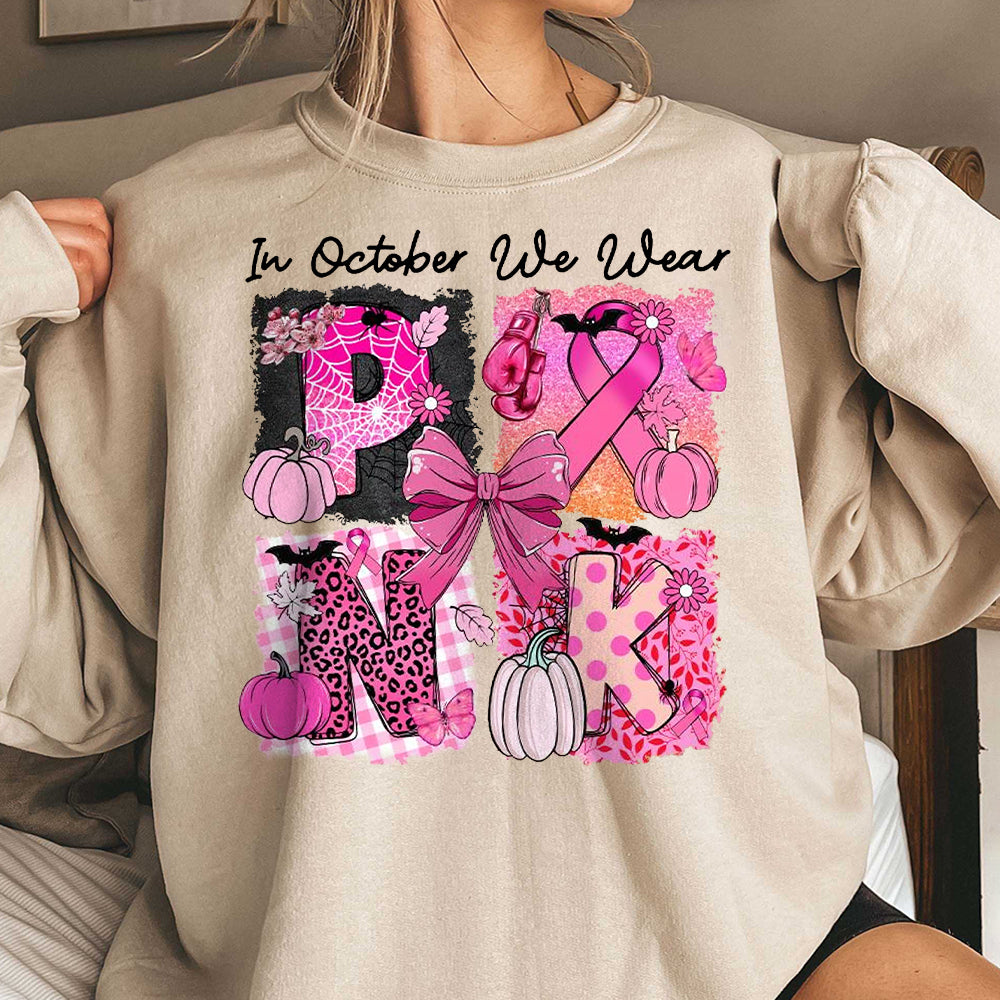 In October We Wear Pink Shirt, Breast Cancer Shirt, Halloween Breast Cancer Shirt, Pumpkin Shirt, Retro Halloween, Pink Ribbon Shirt, Pink Halloween HHH
