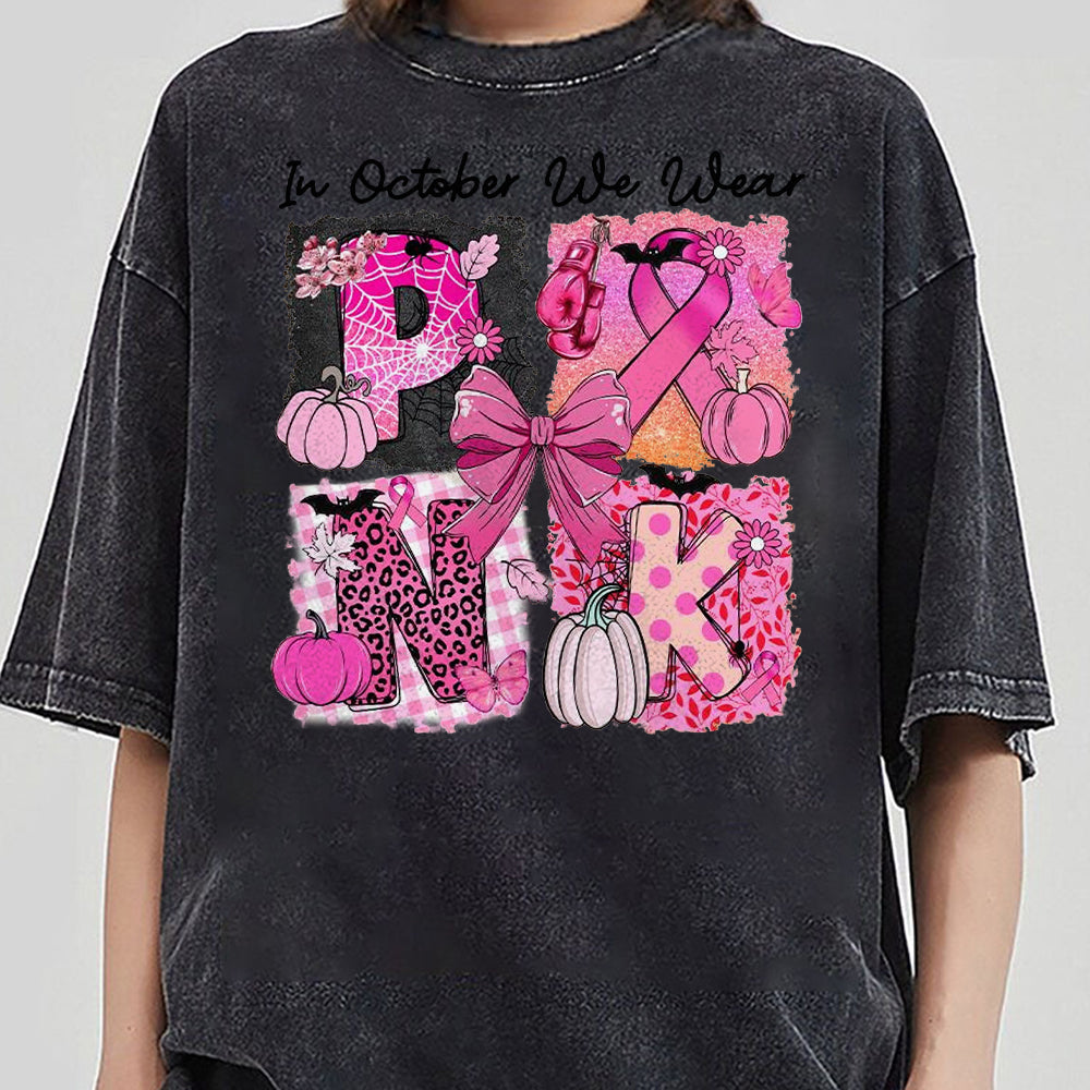 In October We Wear Pink Shirt, Breast Cancer Shirt, Halloween Breast Cancer Shirt, Pumpkin Shirt, Retro Halloween, Pink Ribbon Shirt, Pink Halloween HHH