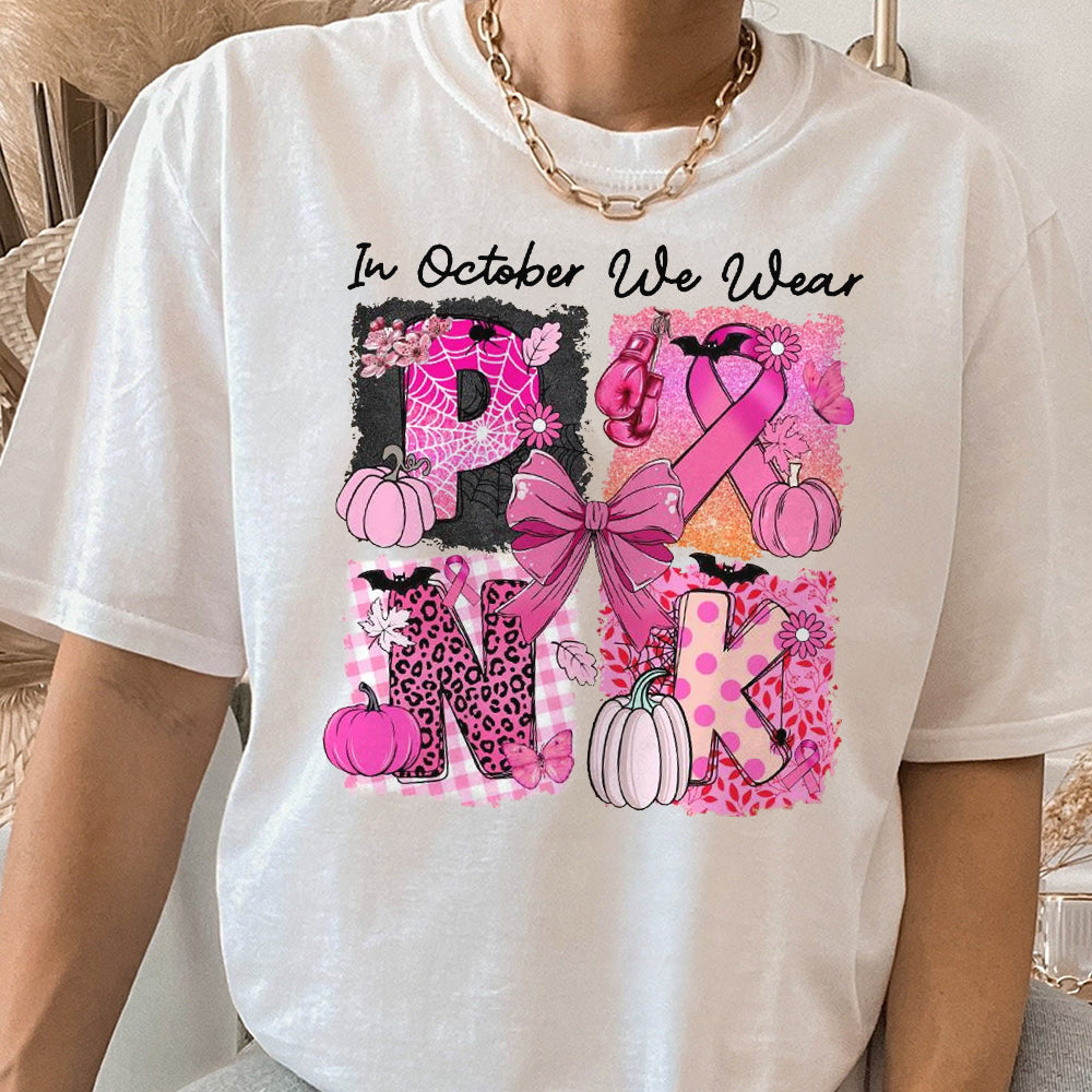 In October We Wear Pink Shirt, Breast Cancer Shirt, Halloween Breast Cancer Shirt, Pumpkin Shirt, Retro Halloween, Pink Ribbon Shirt, Pink Halloween HHH