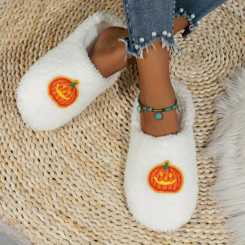 Halloween Pumpkin Fuzzy Slippers, Winter Closed Toe Soft Sole Plush Shoes, Cozy & Warm Home Mute Slippers SL0808 08