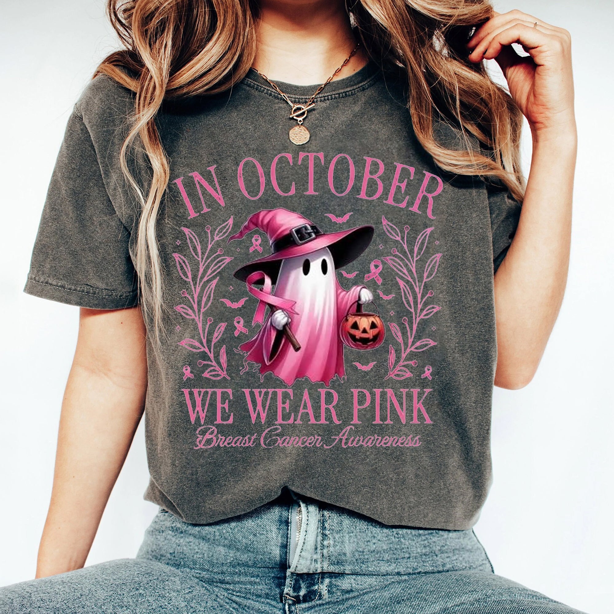 In October We Wear Pink Ghost Shirt, Pink Ribbon Shirt, Halloween Ghost Shirt, Breast Cancer Awareness Shirt, Halloween Shirt CCC