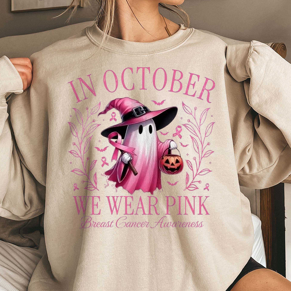 In October We Wear Pink Ghost Shirt, Pink Ribbon Shirt, Halloween Ghost Shirt, Breast Cancer Awareness Shirt, Halloween Shirt CCC