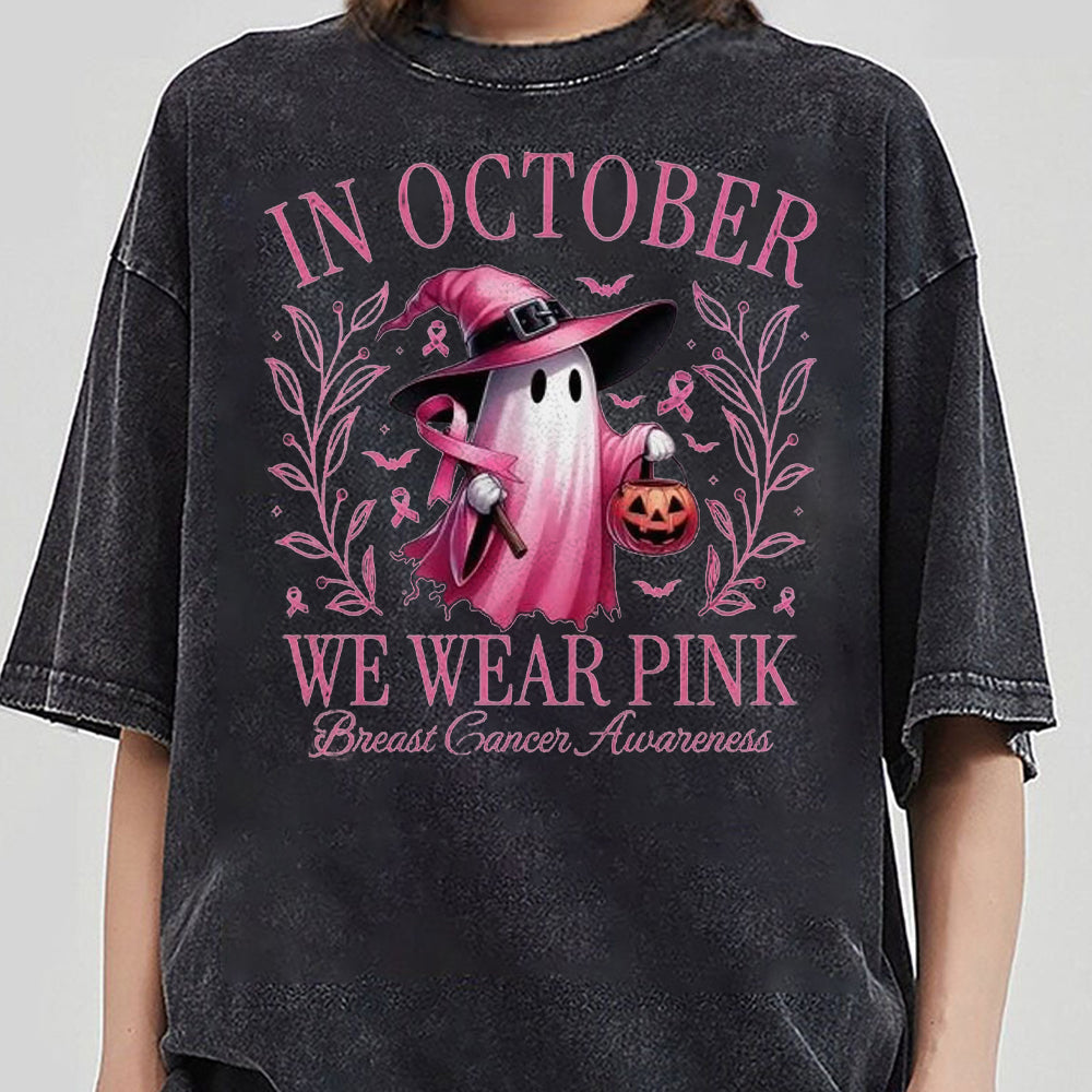In October We Wear Pink Ghost Shirt, Pink Ribbon Shirt, Halloween Ghost Shirt, Breast Cancer Awareness Shirt, Halloween Shirt CCC