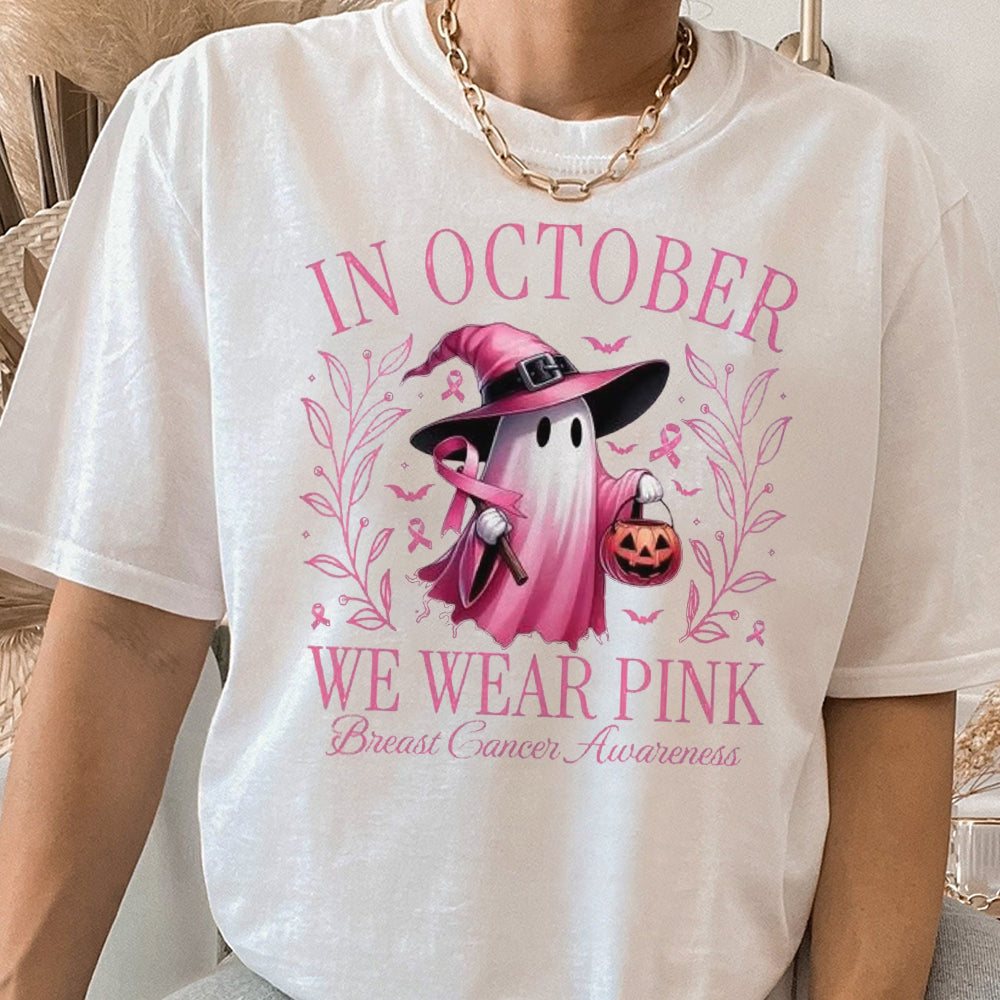 In October We Wear Pink Ghost Shirt, Pink Ribbon Shirt, Halloween Ghost Shirt, Breast Cancer Awareness Shirt, Halloween Shirt CCC