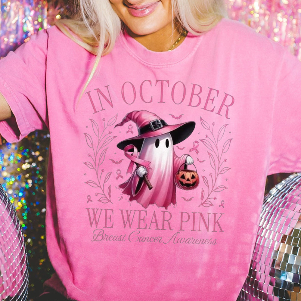 In October We Wear Pink Ghost Shirt, Pink Ribbon Shirt, Halloween Ghost Shirt, Breast Cancer Awareness Shirt, Halloween Shirt CCC