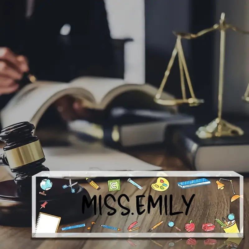 Customized Acrylic Desk Name Plate, Glossy Finish, Personalized Office Desk Decor, Name Tag with Teacher Themed Icons, TC31J7