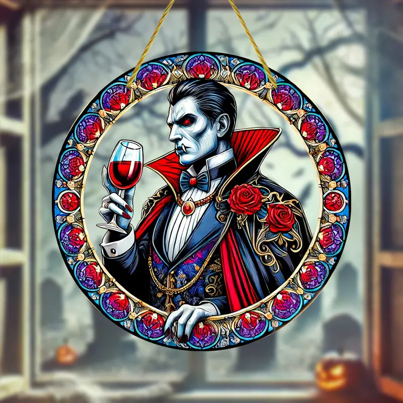 Art Deco Acrylic Vampire Suncatcher Ornament, 8-Inch Round Horror Theme Window Pendant for Halloween Decor, Festive Party Supplies, Creative Gift - Non-Electric Hanging Sun Catcher - Multipurpose Decorat ORHA2408