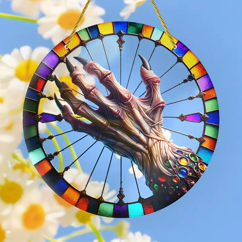 Halloween Monster Hand Suncatcher Decoration - 8 Artistic Glass Wall Decor, Indoors and Outdoors, Unique Creepy Horror Theme for Home, Office, Patio, Birthday, Housewarming Gift - Includes Hanging Chain ORHA2408