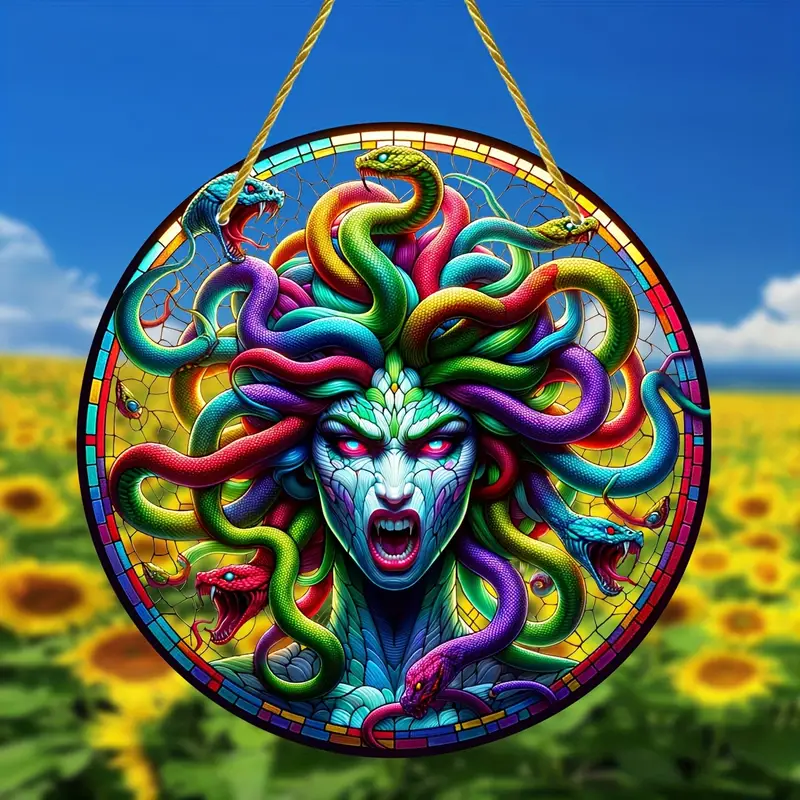 Medusa Themed Acrylic Suncatcher - 8 Round Horror-Inspired Light Catcher for Home, Garden, Window Hanging Decorations - Birthday Occasion Durable Suncatcher with Nylon Rope and Rubber Sleeve Protection ORHA2408